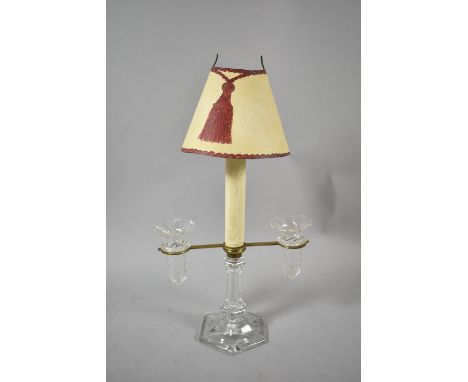 A French Baccarat Glass and American Patent "Arctic" Amalgamated Candle Lamp on Glass Hexagonal Support with Twin Glass Posy 