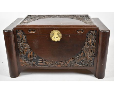 A Vintage Camphor Wood Chest with Intricately Carved Lid to Fitted Interior with Removable Tray, 100cm Wide 