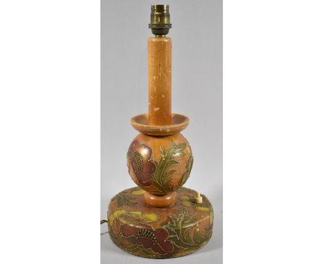 A Mid 20th Century Turned Wooden Table Lamp on Circular Base, Decorated with Flowers, 34cm High 