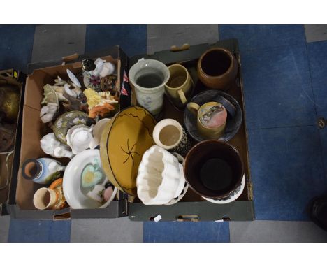Two Boxes of Ceramic to Include Vintage Jelly Moulds, Stonewares, Figural Ornaments, Swan Ornaments etc 