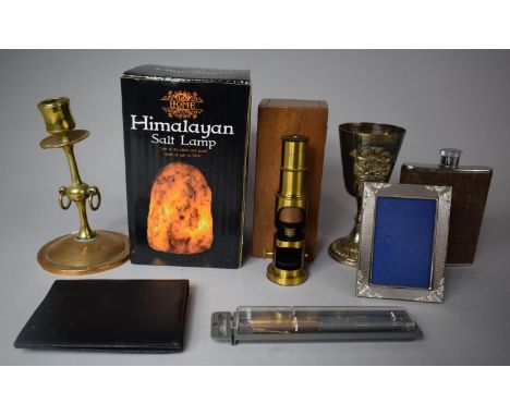 A Tray of Curios to Include Silver Plated Goblet, Brass Candlesticks, Himalayan Salt Lamp, Hip Flask, Parker Pen, Field Micro