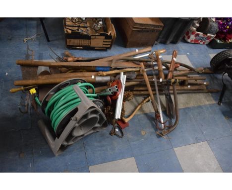 A Collection of Various Vintage Garden and Farming Tools, Hose reel, Surveyors Chains, Wind chimes, Auctioneers Gavels etc 
