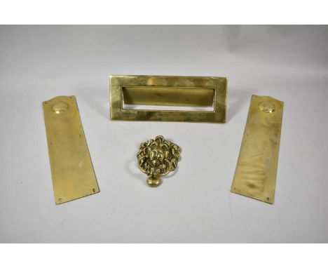 Two Brass Door Finger Plates, Lion Mask Door Knocker and a Letter Flap 