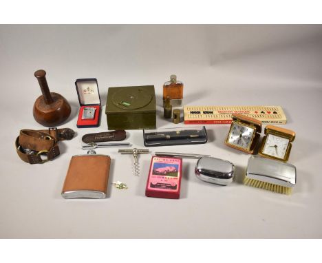 A Collection of Curios to Include Turned Mahogany Mallet, Cribbage Board, Hip Flask, Pens, Boy Scout Belt, Travel Alarm Clock