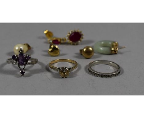 A Small Collection of Costume Jewellery to Include Gilt Silver and CZ Solitaire Ring, Jade and 9ct Gold Earring, Art Deco Sil