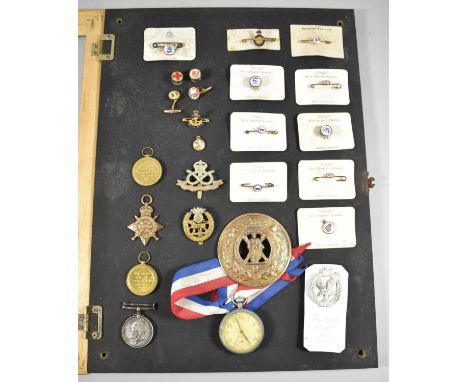 A Table Top Bijouterie Case Containing Various Enamel Badges, Brooches, Cufflinks, Together with RAF Sweetheart Brooch, Milit