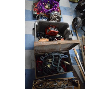 Two Boxes of Vintage Workshop Tools, Battery Charger, Jump Leads etc 
