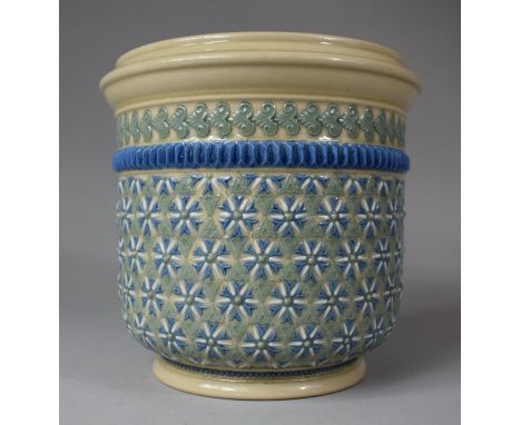 A Doulton of Lambeth Circular Planter, Usual Blue Colour Enamels, 20cm diameter and 19cm high 