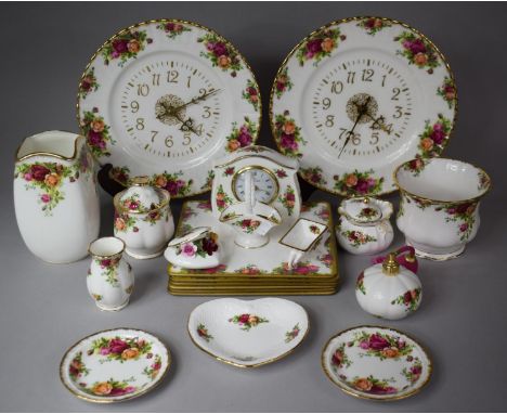 A Collection of 15 Pieces of Royal Albert Old Country Roses China to Include Wall Plates Clocks, Vases, Trinket Dishes, Perfu