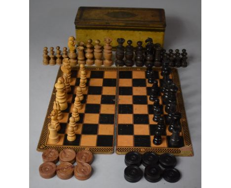 Two Complete Chess Sets, Draughts Board and Vintage Tin, Kings 7.25cm high 