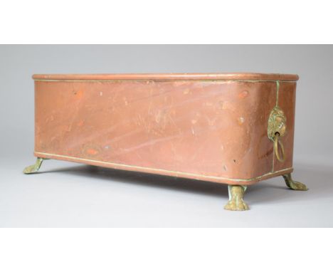 A Copper Rectangular Planter on Four Claw Feet with Lion Mask Ring Handles, 35cm Wide 