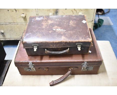 Two Vintage Leather Suitcases, The Largest 55cm wide 