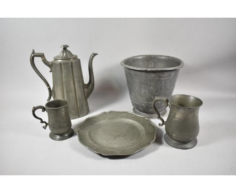A Collection of Various 19th Century Pewter Items to Include Coffee Pot, Two Tankards, Planter and Plate 