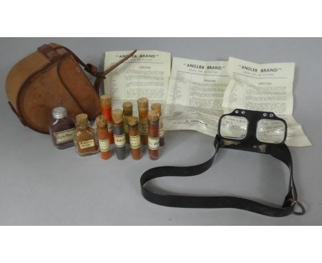A Vintage Leather Box for Galvo No.24A I Together with Headband Magnifier and "Angler Brand" Dyes for Fly Tying 