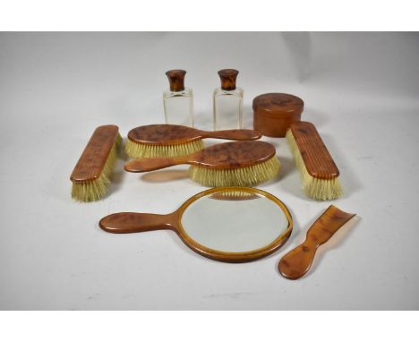 A Vintage Tortoiseshell Dressing Table Set to Include Brushes, Mirror, Scent Bottles, Shoehorn etc 