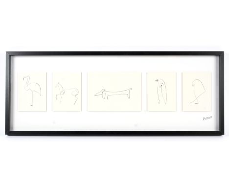 A framed print after Picasso. Depiciting birds, a dog and a horse, within a black frame, 29.5cm x 103.5cm overall