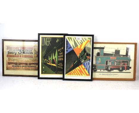 Four framed reproduction prints of railway posters. Comprising 'South For Winter Sunshine', 30.5cm x 18.5cm, 'Mersey Railway'