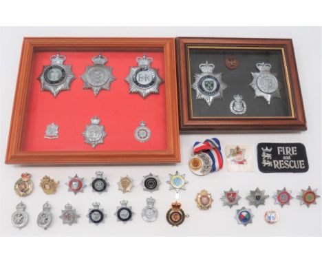 Collection Of 34 Various Fire And Police Badgesincluding Fire Brigade chrome and enamel Cornwall ... Kent ... Central Area ..