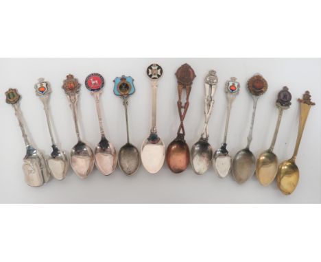 12 x Various Regimental Teaspoonsincluding plated QC Hampshire ... Plated and enamel QC RASC ... Plated gilt and enamel KC 23