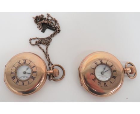Two Half Hunter Gilt Pocket Watchesconsisting gilt cased example with protective cover.  White face with lower seconds dial. 