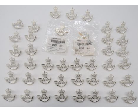41 x Rifles Cap Badges By Firminsilvered, QC strung bugle cap badge.  Rear marked "F & S". Lug fixing.  41 items. 