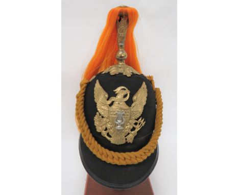 United States Cavalry Band Dress Helmetblack felt, single panel crown with rounded peak and rear brim.  Leather edging.  Bras