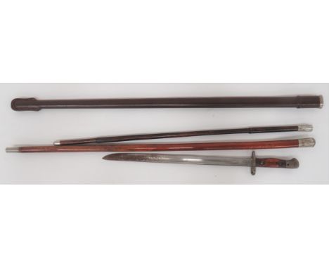 Two Guards Swagger Sticks And Indian SMLE Bayonetconsisting Scots Guards, Victorian malacca cane with white metal thimble top