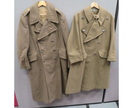 Two Officer Service Greatcoats khaki woollen, double breasted greatcoat. &nbsp;Lower hidden pockets with plain flaps. &nbsp;G