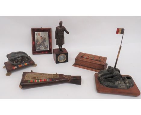 Selection Of 6 WW1/WW2 Trench Souvenirsconsisting copper and alloy tank mounted on wooden base ... Spelter French tank trench