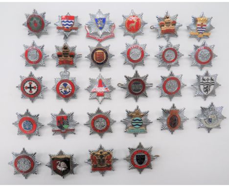 Collection Of 28 Fire Brigade Cap Badgeschrome and enamel badges include Huddersfield ... City Of Southampton ... Warwickshir
