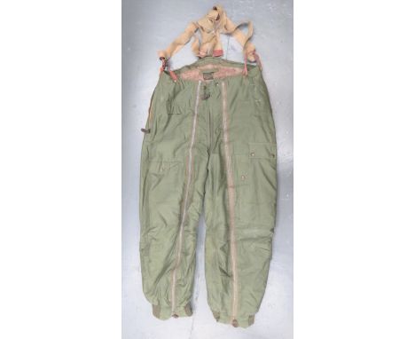 Pair Of American AII Flying Trousersgreen cotton trousers.  Full length leg zips  Lower green knitted ankle panels.  Both leg