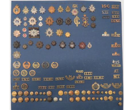 86 x Indian Army Service Corps Insignia And Buttonsgood interesting, large card of various head dress badges, shoulder titles