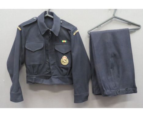 Post War Women's Civil Defence Battledress Jacket And Trousersdark blue woollen, single breasted, closed collar, short jacket