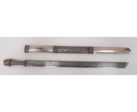 Ornately Decorated Burmese Dha Sword 26 1/2 inch, single edged blade with rounded point. &nbsp;Six narrow fullers running to 