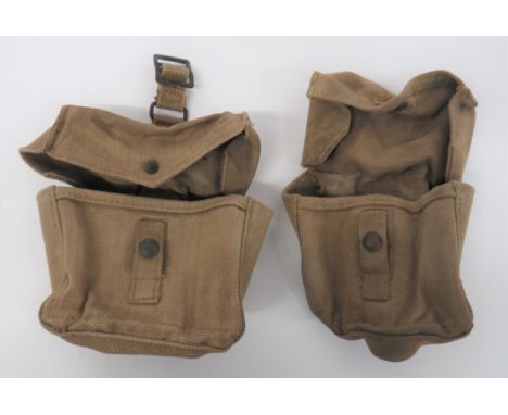 Pair Of Home Guard Ammunition Poucheskhaki webbing, square shape pouches.   The top flap secured by a tab and press stud.  Re