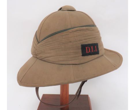 Interwar Durham Light Infantry Other Ranks Pith Helmetkhaki cotton, six panel crown, pointed peak and rounded rear brim.  Mul