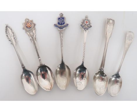 6 x Silver Regimental Teaspoonsvarious tops including silvered and enamel RASC with rifle shaft, B'ham 1937 ... Silver and en