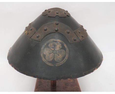 Japanese 19th Century Jingasa Conical Helmet black lacquer, conical dome hat. &nbsp;The front with gilt painted mon. &nbsp;Un