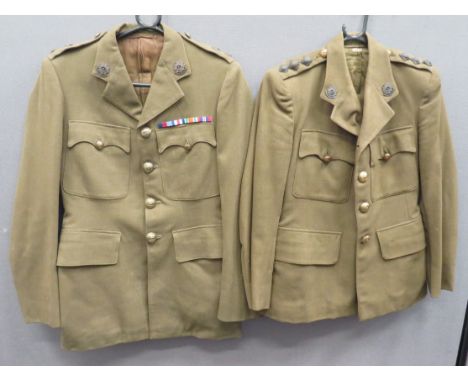 Two WW2 Utility Pattern Bedfordshire & Hertfordshire Service Dress Tunickhaki, single breasted, open collar, service dress tu