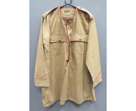 Indian Kurta Pattern Smock Tunic light khaki drill, round neck smock with part buttoned front. Patch pockets with buttoned fl
