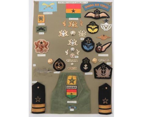 30x Items Of Insignia For Ghana Post 1957 Armed Forces display board with good tabulated display of metal and cloth badges in