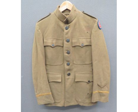 WW1 Period American Officer's Service Dress Tunickhaki, single breasted, high collar tunic.  Patch chest and lower pockets, a