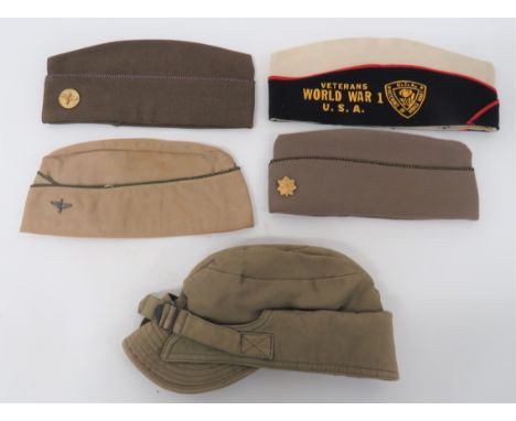 Five Various American Hatsconsisting light tan garrison cap with brown and yellow piping.  Silvered winged propellor badge ..