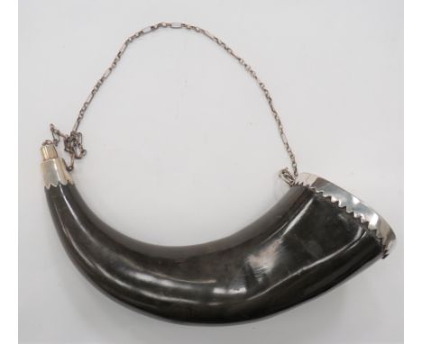 Mid 19th Century Atholl Highlands Horn Powder Flaskpolished horn, 12 inch powder flask.  Silvered base cap engraved with regi