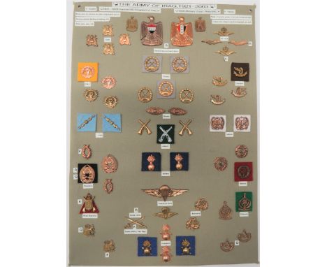 58 Items Of Insignia For Iraq 1921-2003display board with good tabulated display of metal badges including brass Staff ... Br