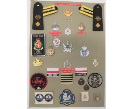 29 Items Of Insignia For Hong Kong Civil Organisationsdisplay board  with good tabulated display of metal and cloth badges in