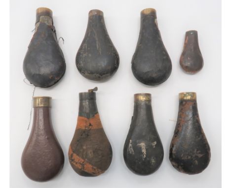 Seven Various Leather Covered Body Flasksleather covered steel body flasks.  Some damage and top absent.  Together with a dam