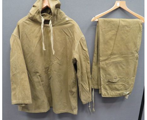 Scarce WW2 Tan Windproof Smock And Trouserskhaki cotton, pull over smock with hood.  No pockets fitted. internal label faint 