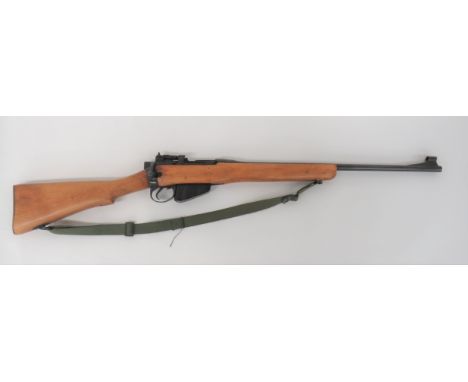 Deactivated Sporterized Enfield No4 Rifle.303, 22 1/4 inch, blackened barrel.  Front hooded sight.  Blackened breech with rea