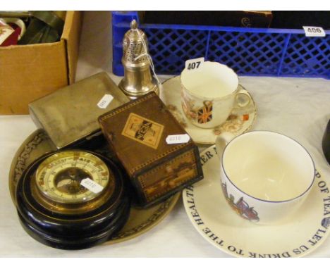 A silver sugar caster, H/M Birmingham 1966, together with a marquetry card box, commemorative cups and saucers, a Poole plate